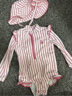 Eddie Bauer Pink and White Striped Infant Swim Rashguard with Hat.